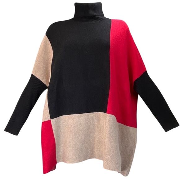 Chico’s Women’s S/M block Color Red/Black Turtle Neck Oversized Loose Sweater - Picture 1 of 7